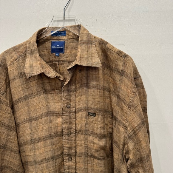 Faconnable Linen Long Sleeve Button Down Shirt Plaid Tan XXL Lagenlook - Picture 3 of 6